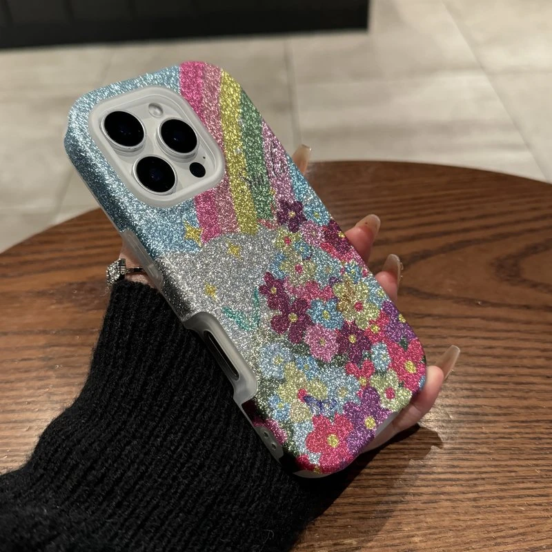 小众闪粉彩虹碎花插画适用苹果16iphone15promax手机壳14套13