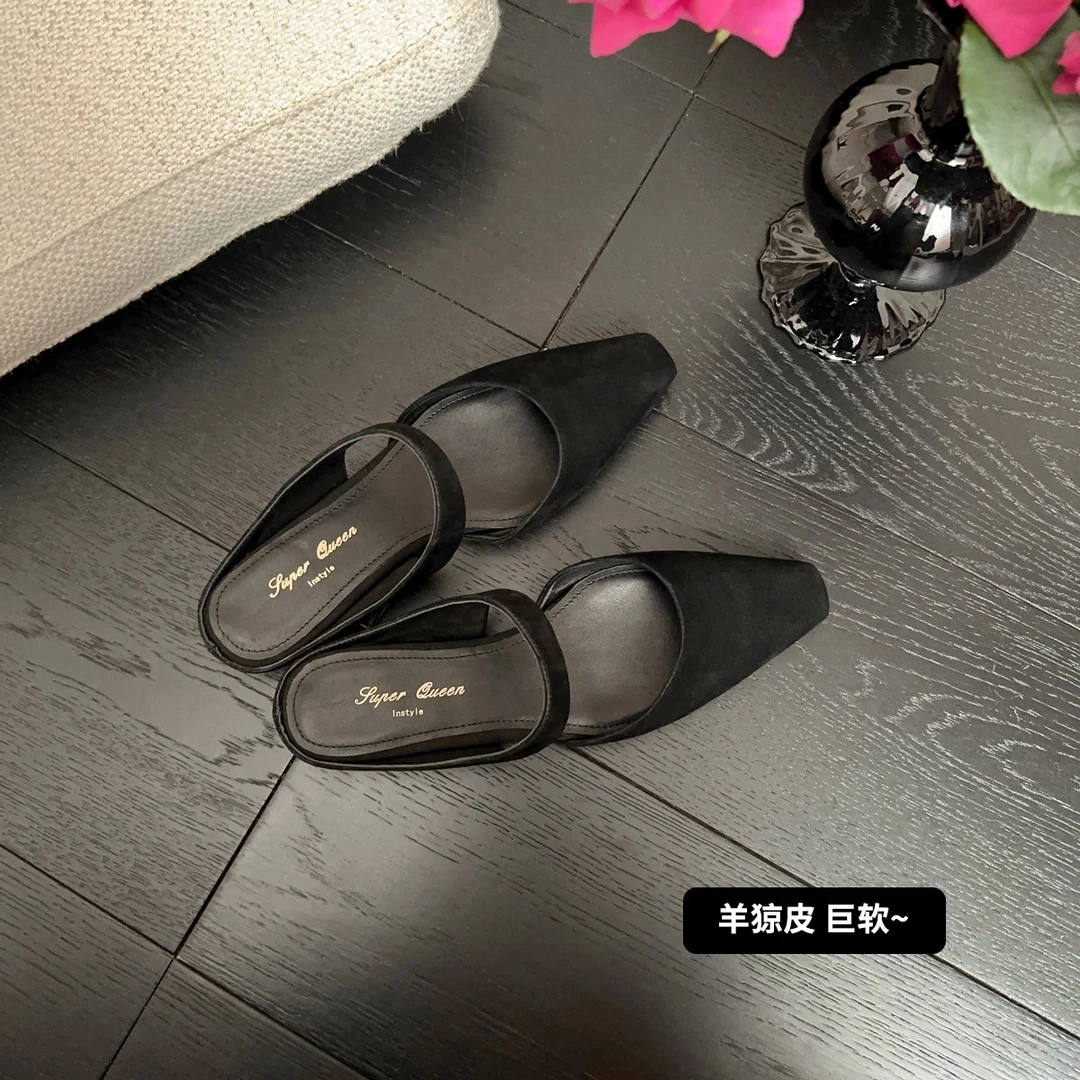 Superqueen 小众极简 方头包头羊猄皮半拖女外穿平底穆勒鞋一字带