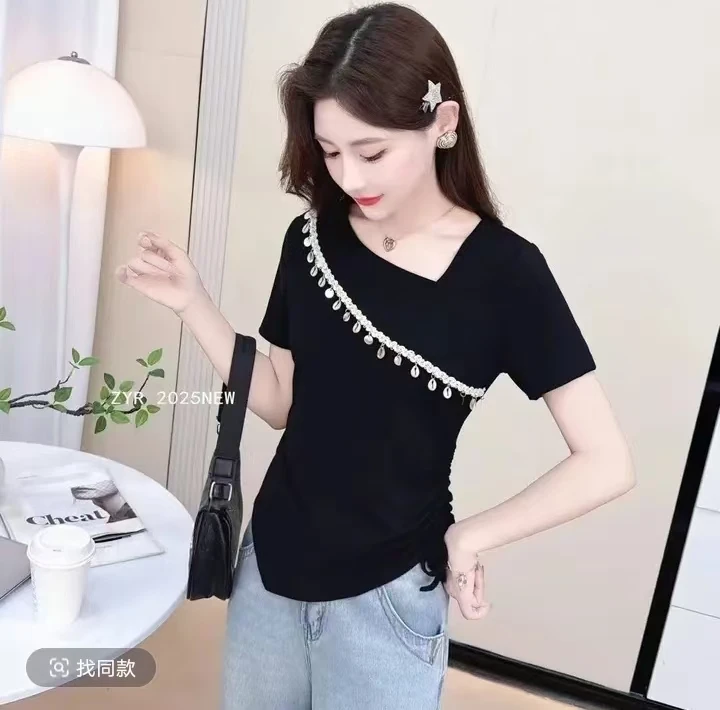 2025夏季新款百搭时尚显瘦休闲T恤气质洋气打底不规则小众简约