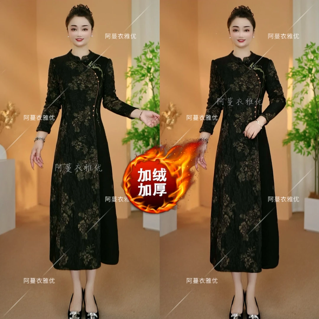 【衣雅严选】8088-2454#加绒加厚重工刺绣名媛风提花烫金连衣裙