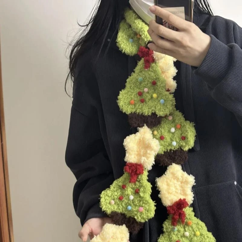 手工圣诞树姜饼人雪人围巾编织材料包毛线钩针拼接围脖送女友