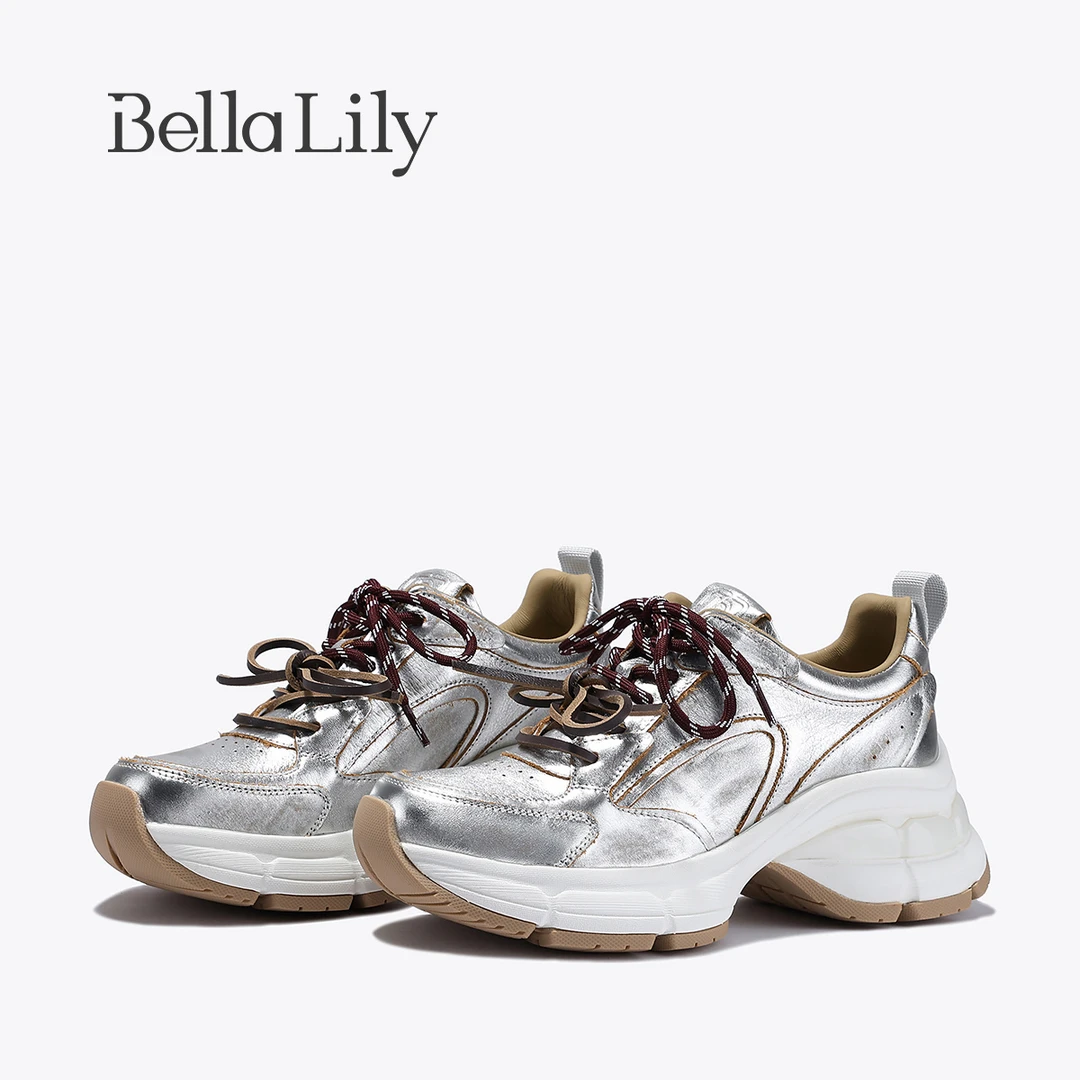 BellaLily秋新款银色厚底老爹鞋女增高运动休闲鞋牛皮阿甘鞋