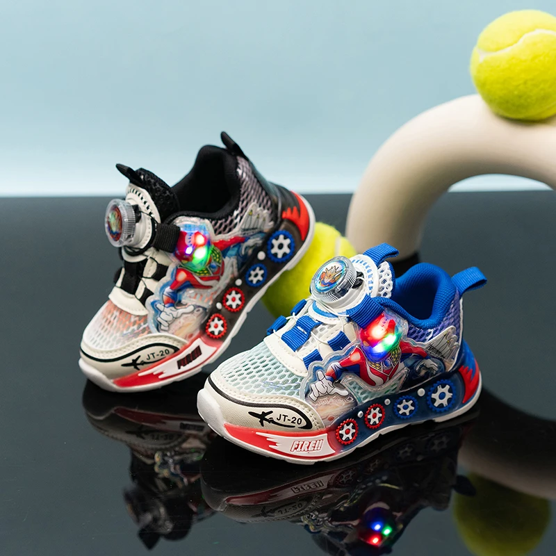 男童运动鞋夏季新款亮灯单网透气旋转扣儿童鞋子中小童轻便跑步鞋