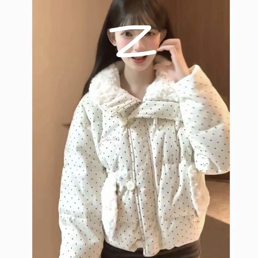 小个子韩系设计感波点棉服毛领宽松加厚甜美外套短款面包服冬8839