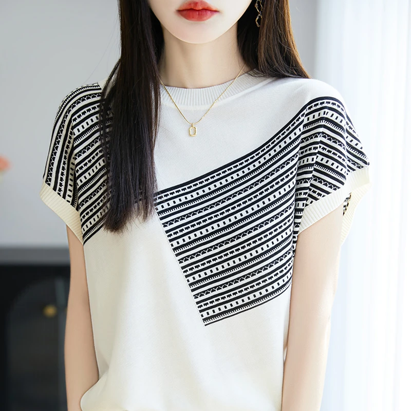 夏季时尚条纹针织T恤甄选莱赛尔百搭圆领拼色半袖 女士撞色背心女