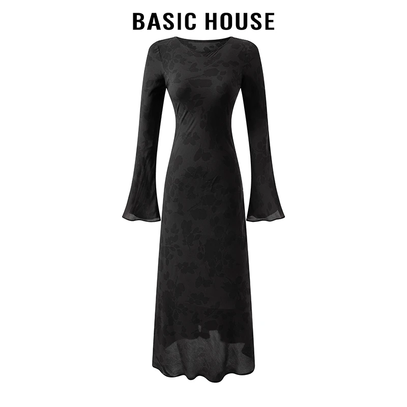 百家好/Basic House印花喇叭袖连衣裙女气质优雅高级感收腰长裙子