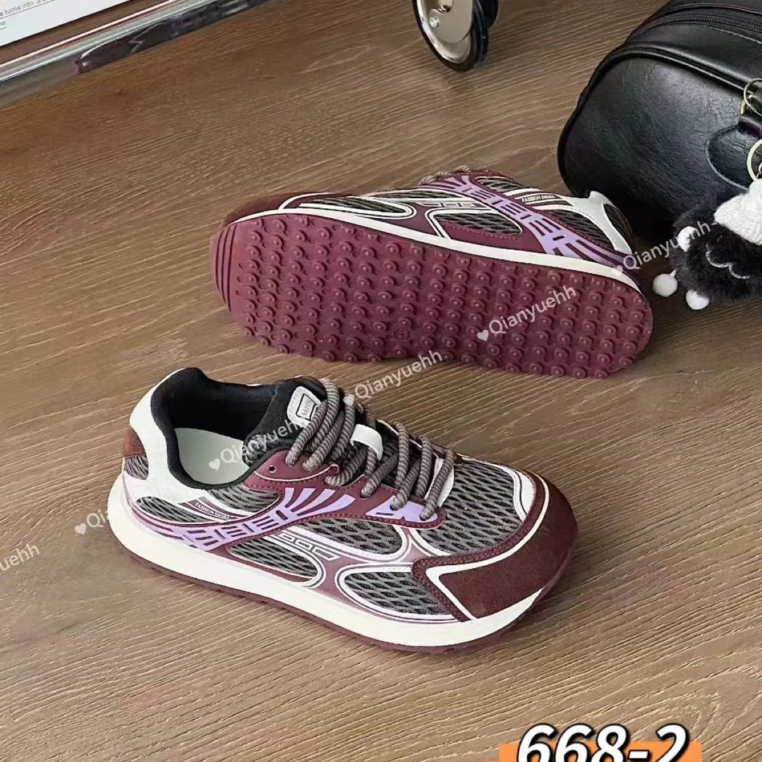 2025年秋冬新款圆头拼色休闲鞋软底软面双网透气运动鞋