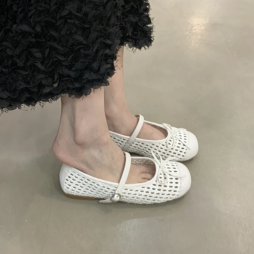 编织网面单鞋女夏季外穿2025新款透气温柔晚晚风平软底玛丽珍凉鞋