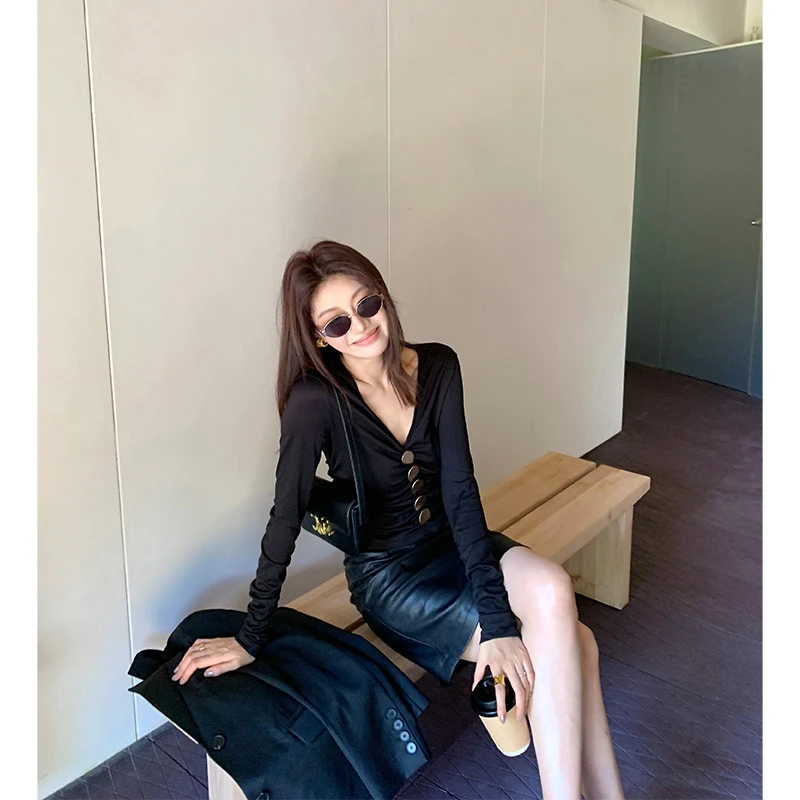 【ALONE SAVOR】龍喜儿暗黑大女主 早秋捏褶衬衫V领修身小衫J844