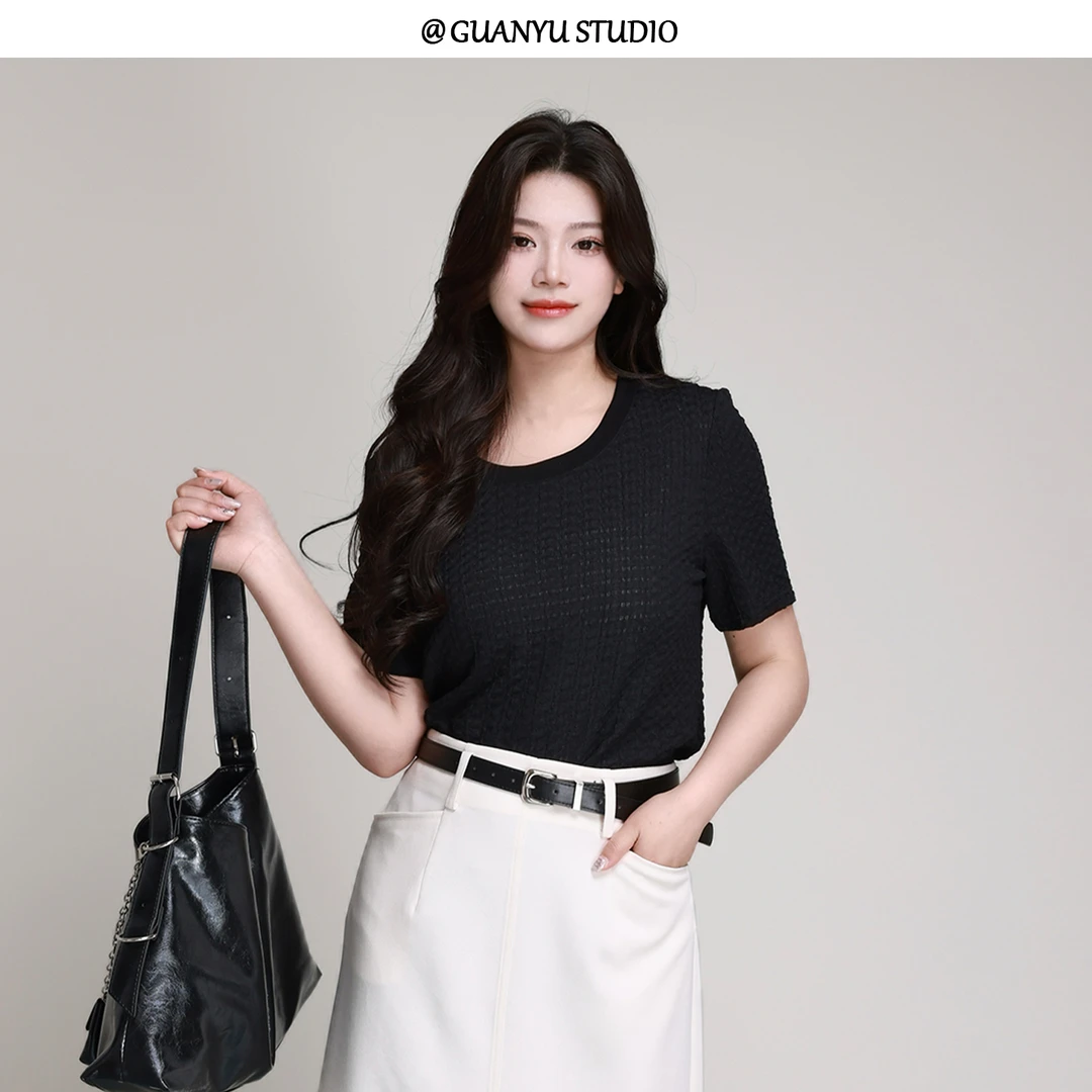 【菠萝苏打】蛋妹大码女装微胖mm夏显瘦遮肉短袖T恤上衣DM26205