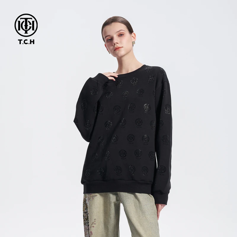 TCH 烫钻满印LOGO加绒保暖时尚休闲宽松潮流圆领衫卫衣T72C116139