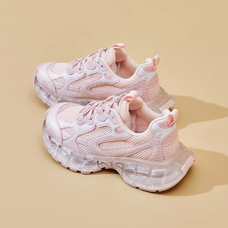 粉色~水晶老爹鞋女2025新款夏透气小个子厚底增高休闲运动鞋