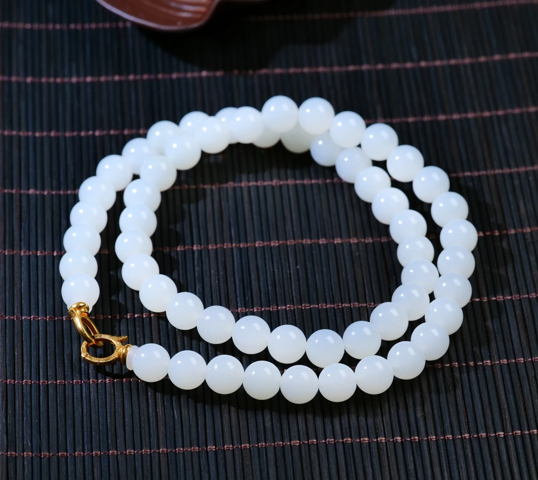 【小雨来了】18k金 和田玉8mm俄料白玉仙女链 和田玉项链 长链 颈链