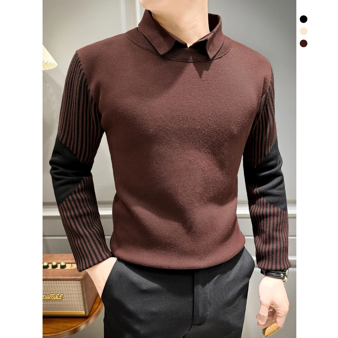 撞色条纹衬衫领毛衣打底衫男休闲百搭可外穿新款假两件针织衫男士