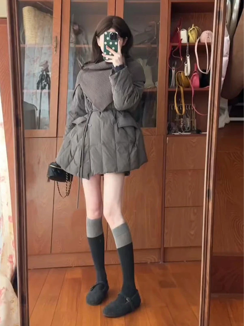 韩系高级感针织披肩设计感加厚棉服外套女冬季新款收腰保暖外套