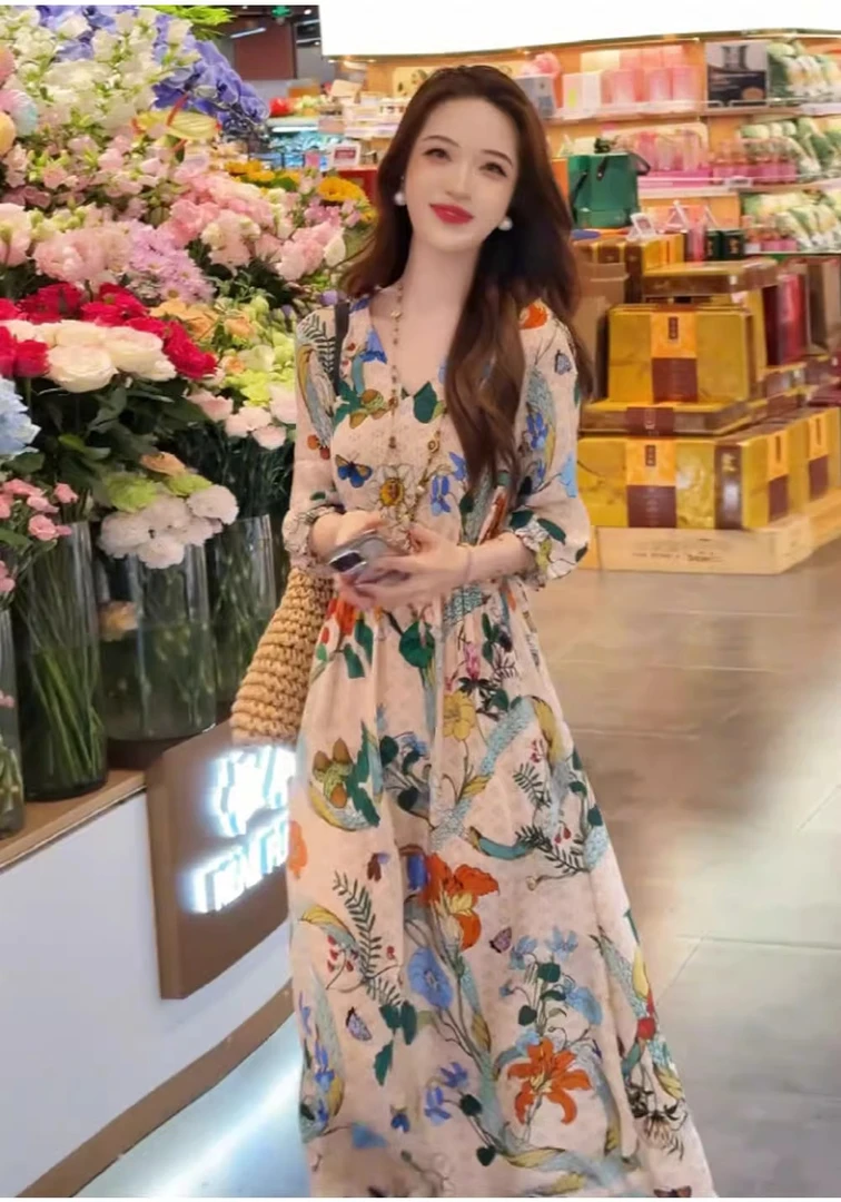 2025夏季新款冰雪丝高级感时尚印花连衣裙女宽松中长款减龄睡衣裙