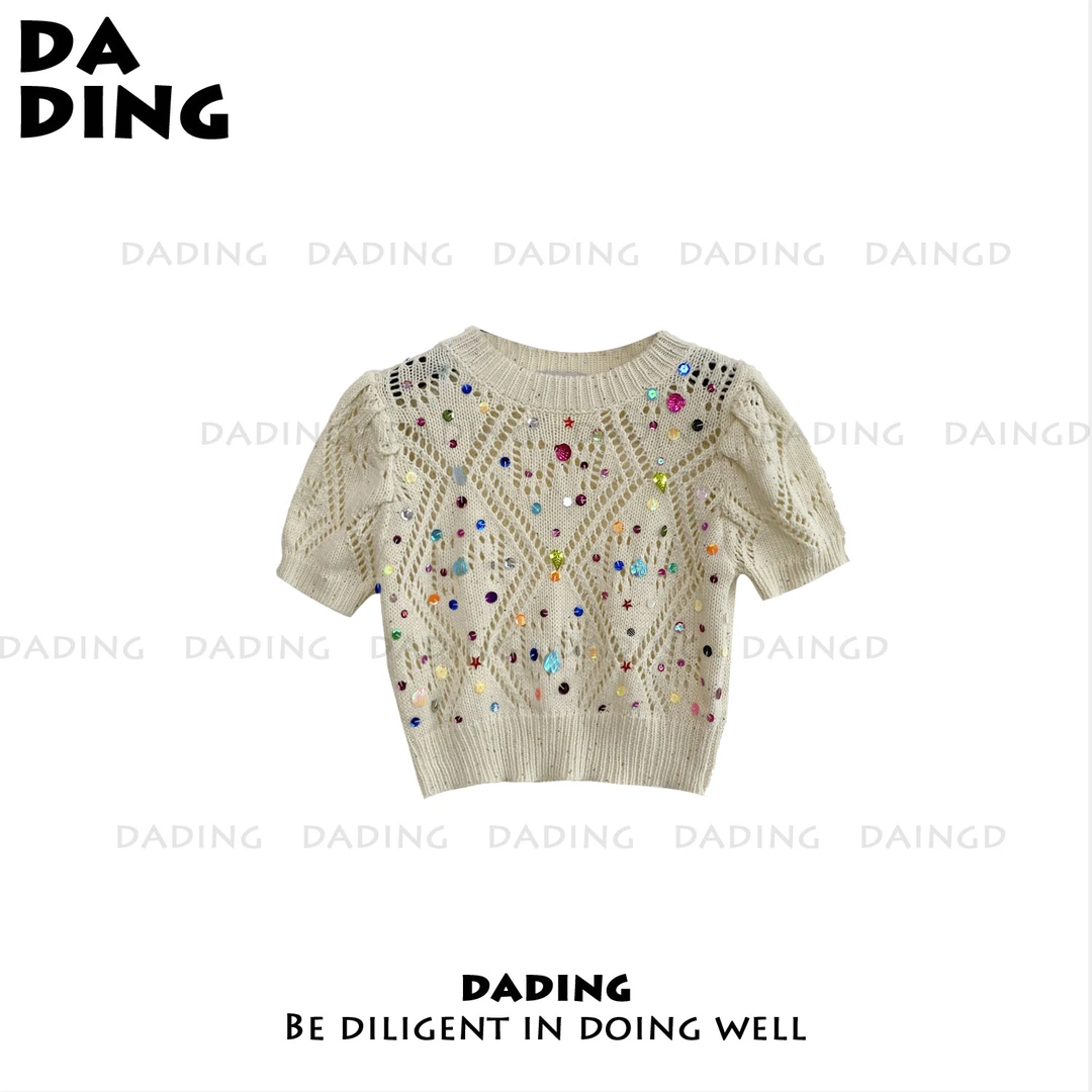 DADING 小版 新款休闲针织镂空亮片收腰短袖上衣 井1201