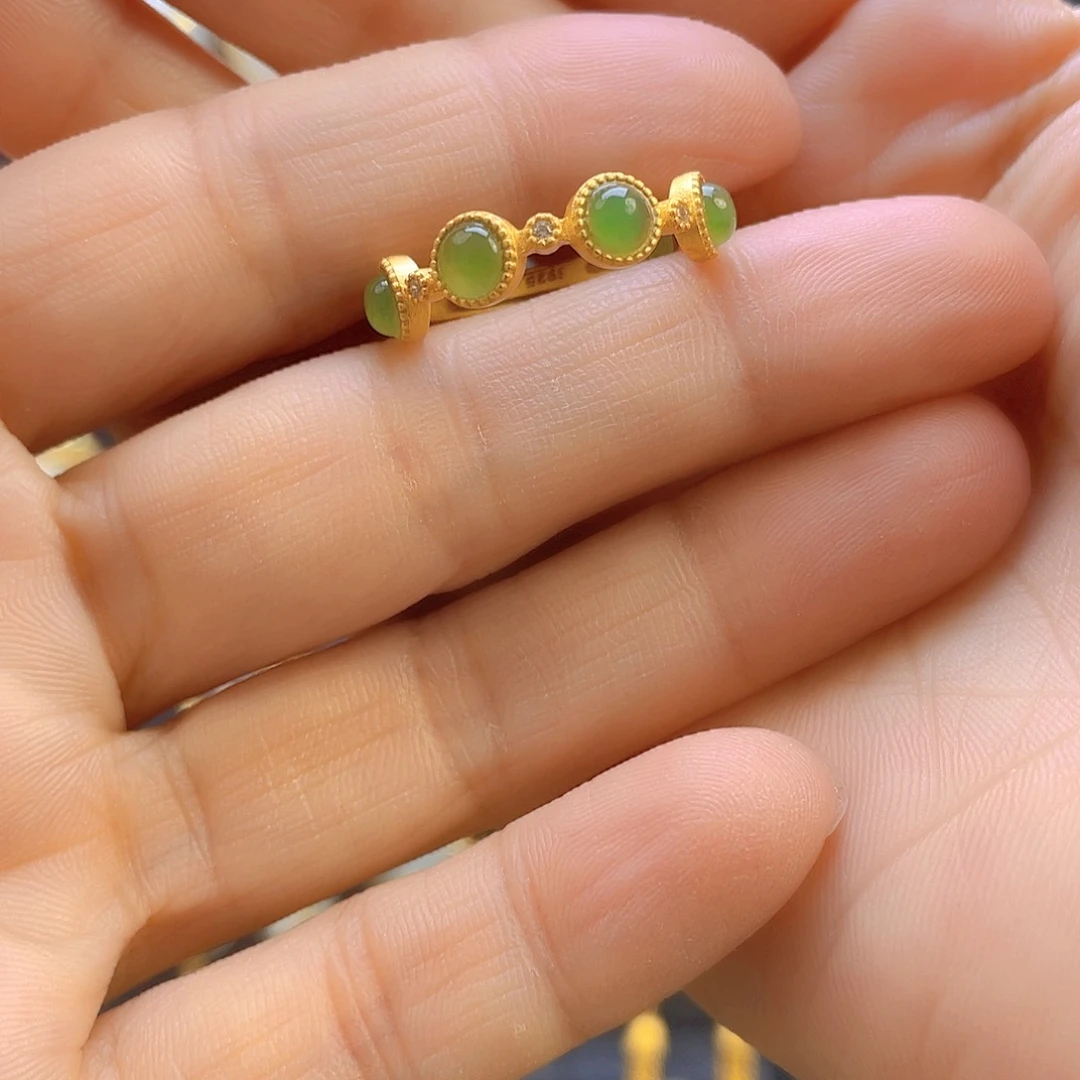 和田玉戒指银S925镀金镶嵌