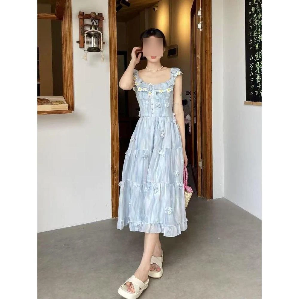 新款显瘦甜美公主风印花雪纺吊带方领连衣裙中长款春季无袖