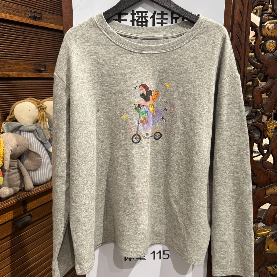 做旧长袖秋冬印花T恤常规款圆领卡通修身型