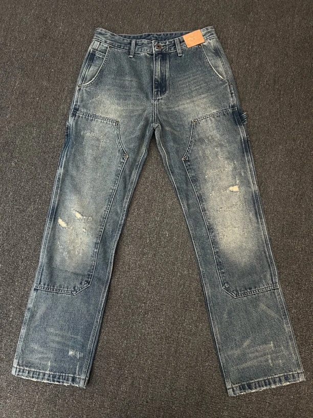 重磅破坏水洗复古工装伐木裤直筒14OZ夏季裤子牛仔裤