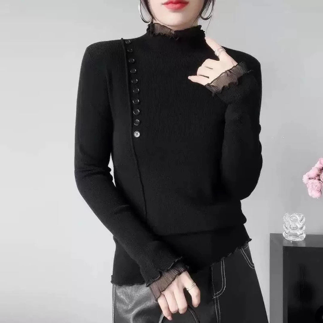 【Five】2025秋冬新款网纱拼接半高领针织打底衫高级感针织上衣
