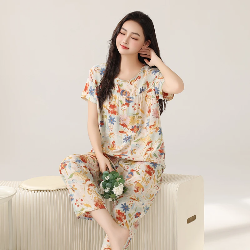 2025新款夏季绵绸套装女短袖九分裤睡衣家居服空调服