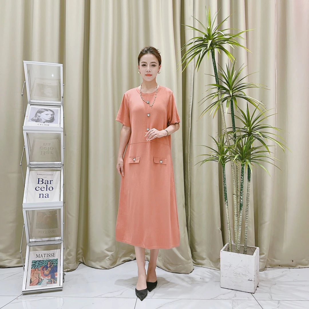 9365肉桂粉气质长款提花针织连衣裙收腰显瘦设计师优雅时尚