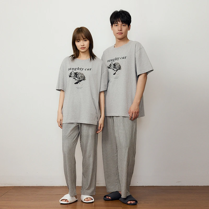 【美家臣】新款情侣睡衣女夏季新疆棉圆领短袖长裤男士家居服套装