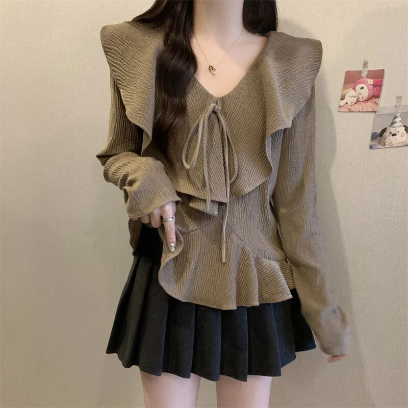 高级感法式荷叶边V领长袖衬衫女秋季大尺码胖mm遮肚子收腰小衫上