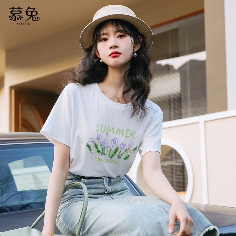 【粉丝专属】韩版正肩白色短袖t恤女小众宽松印花上衣MT10913