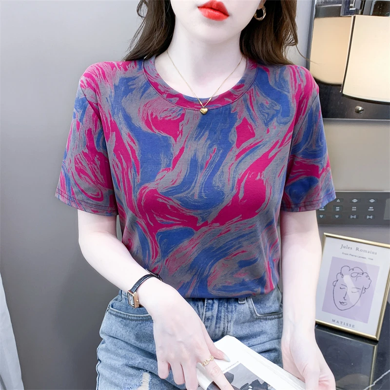 时尚复古水墨印染纯棉短袖T恤女夏季新款宽松休闲百搭设计感上衣