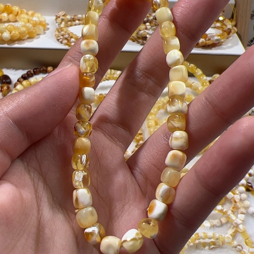 琥珀未镶嵌珠宝奇石金瓷白方糖手串