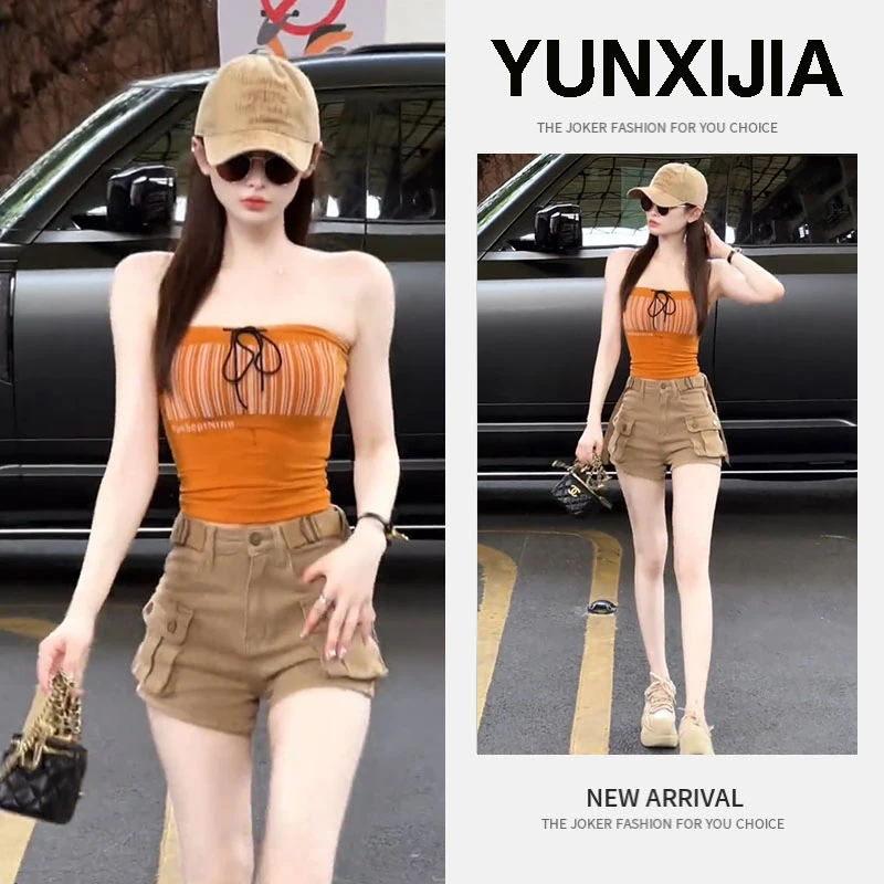 2025夏季新款时尚辣妹纯欲美式复古可盐可甜抹胸上衣短裤两件套