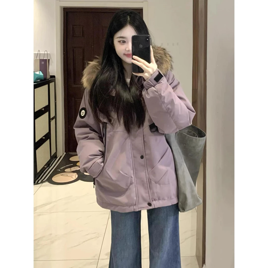 保暖服女款2025新款冬季连帽大毛领工装加绒加厚派克服衣外套