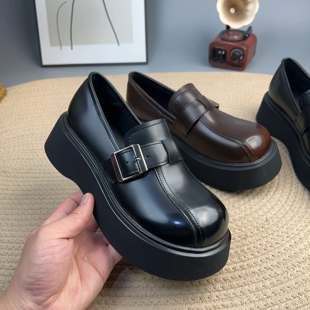 2025春季新款增高乐福鞋春季真皮复古乐福鞋春秋厚底学院风松糕底