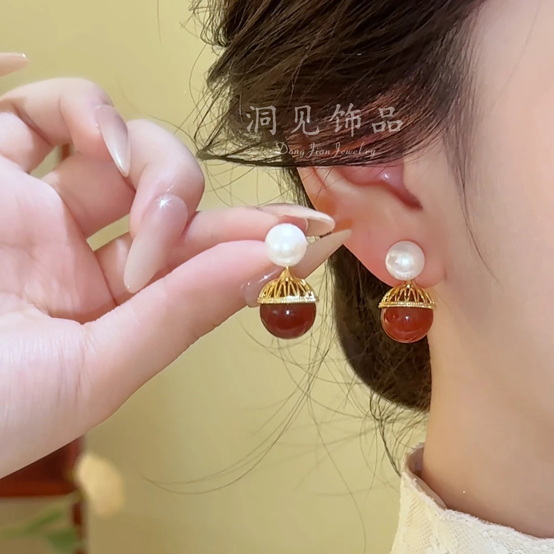 【樱花贝影】耳环甜美复古红色纯手工复古ES830