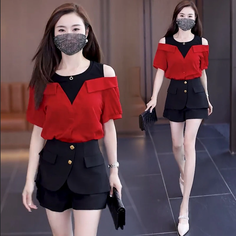 时尚套装女夏季新款洋气质显瘦小个子假两件上衣阔腿短裤裙两件套