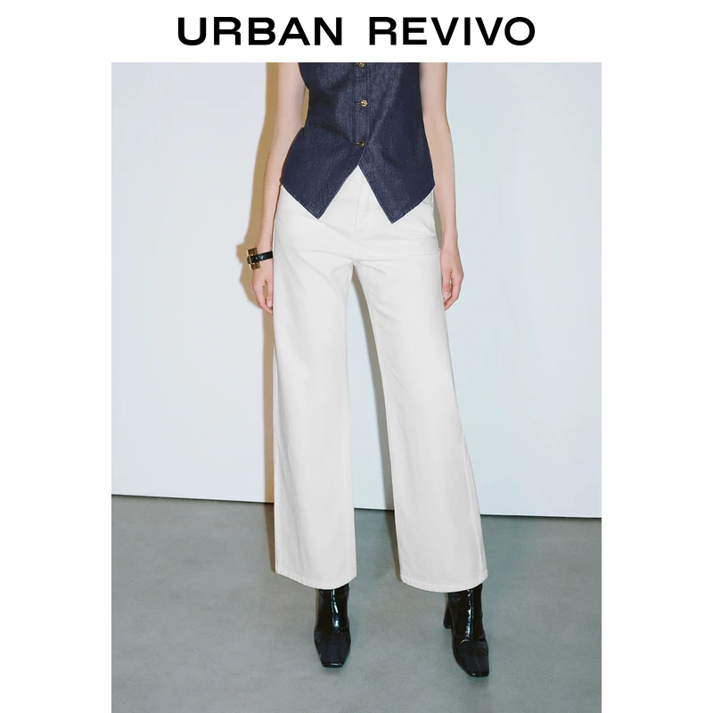 UR2025春季新款女装欧若风经典通勤白色阔腿牛仔长裤UWG850037