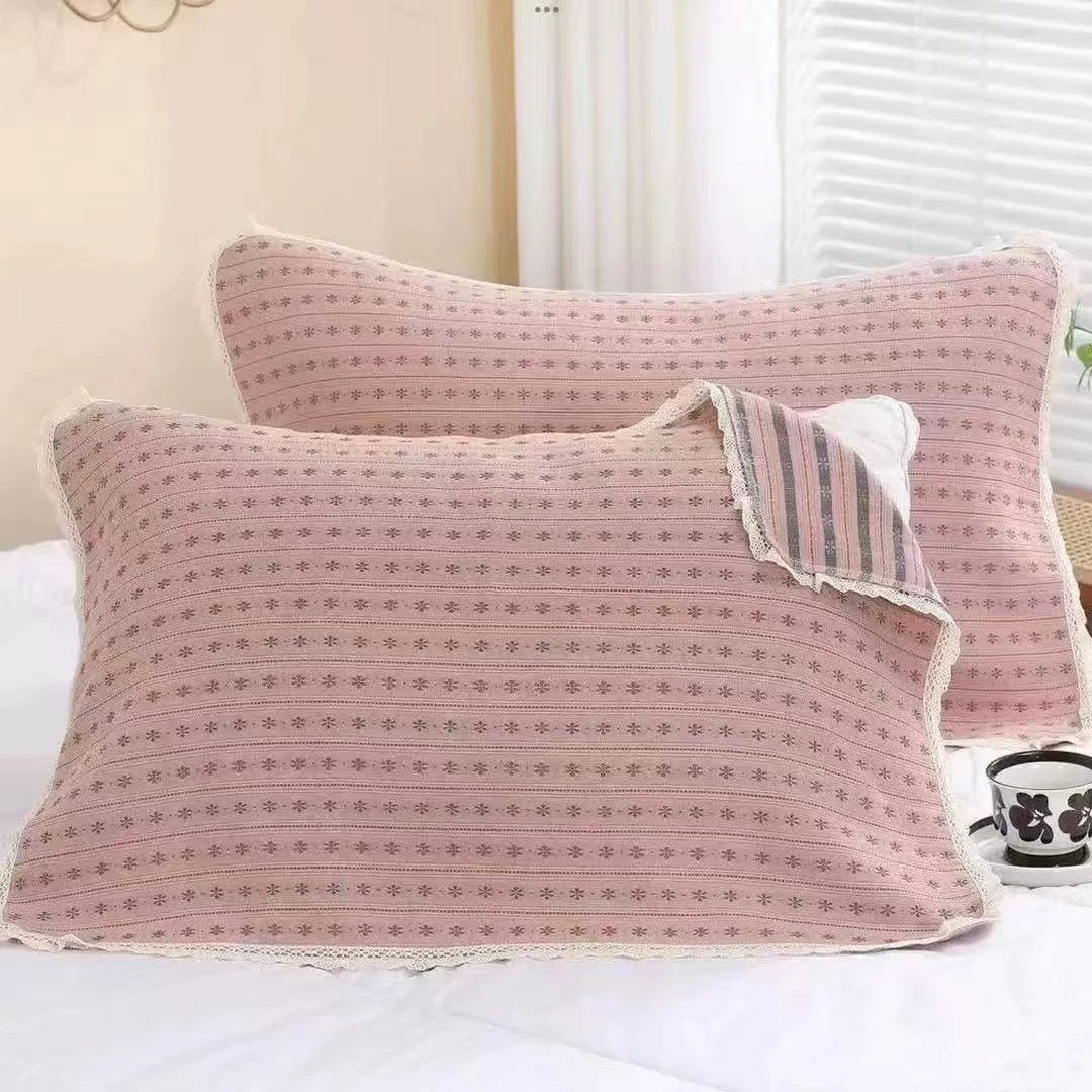 梅恋韩系蕾丝花边纯棉枕巾一对装加厚AB版成人