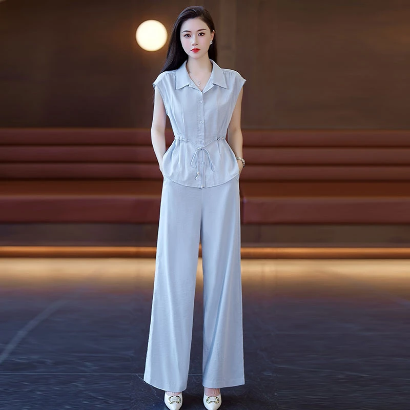 2025夏季新款韩系套装POLO领无袖腰带收腰衬衫+高腰阔腿裤两件套