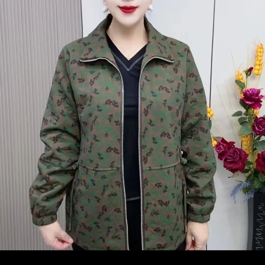 春秋新款大码碎花翻领拉链妈妈外套休闲洋气中老年女装658