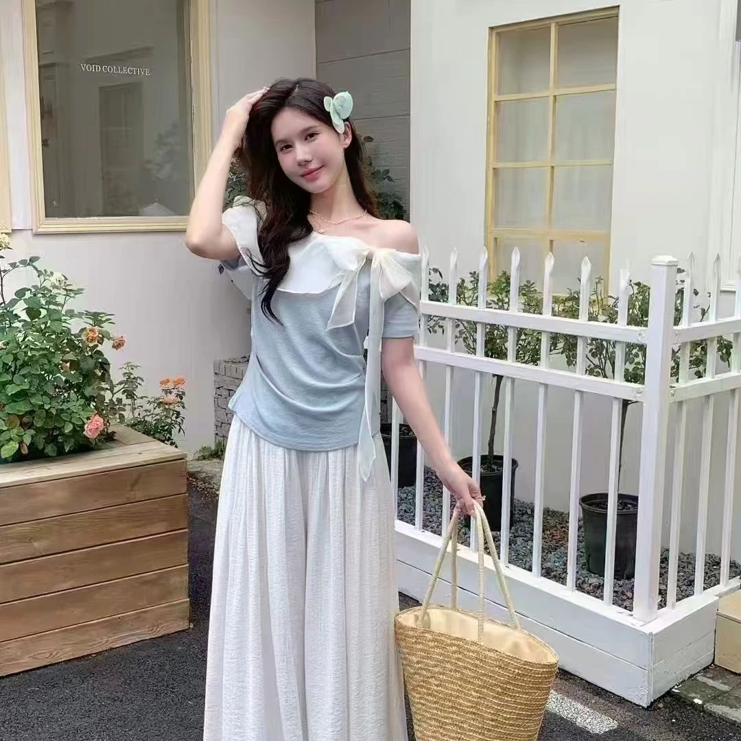 蝴蝶结网纱荷叶边一字肩短袖t恤女夏季纯欲甜辣修身显瘦露肩上衣