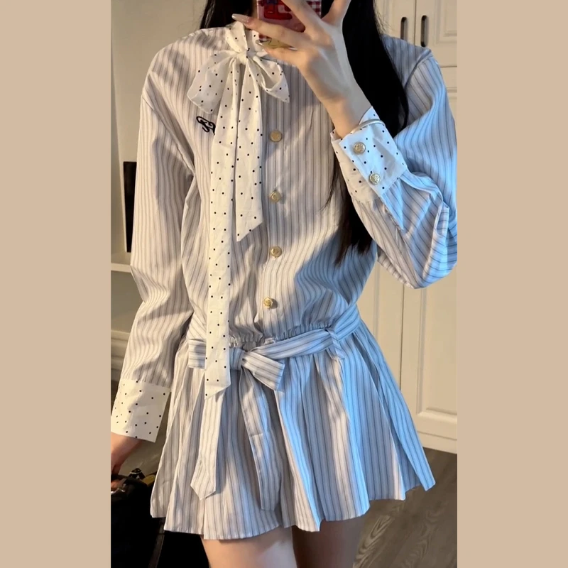 2025早春新款复古系带拼接撞色条纹连衣裙学院风收腰衬衫裙9462