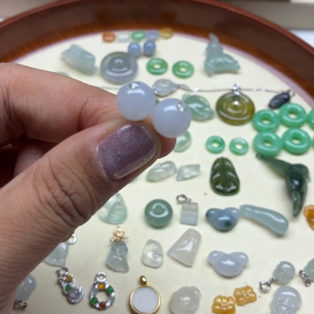 翡翠银S925镶嵌颈饰珠子耳钉