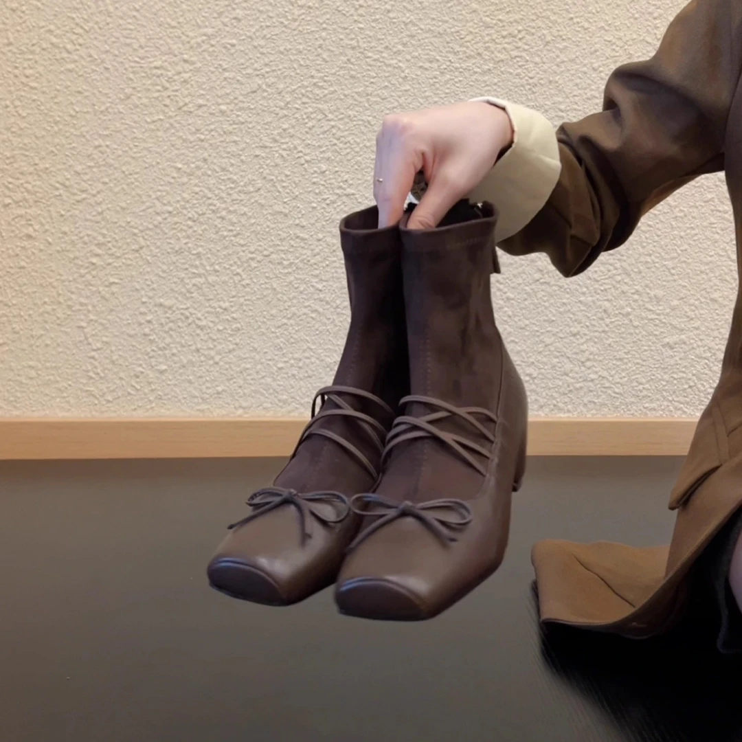Pokoy-5cm复古百搭气质时尚蝴蝶结中筒靴方头