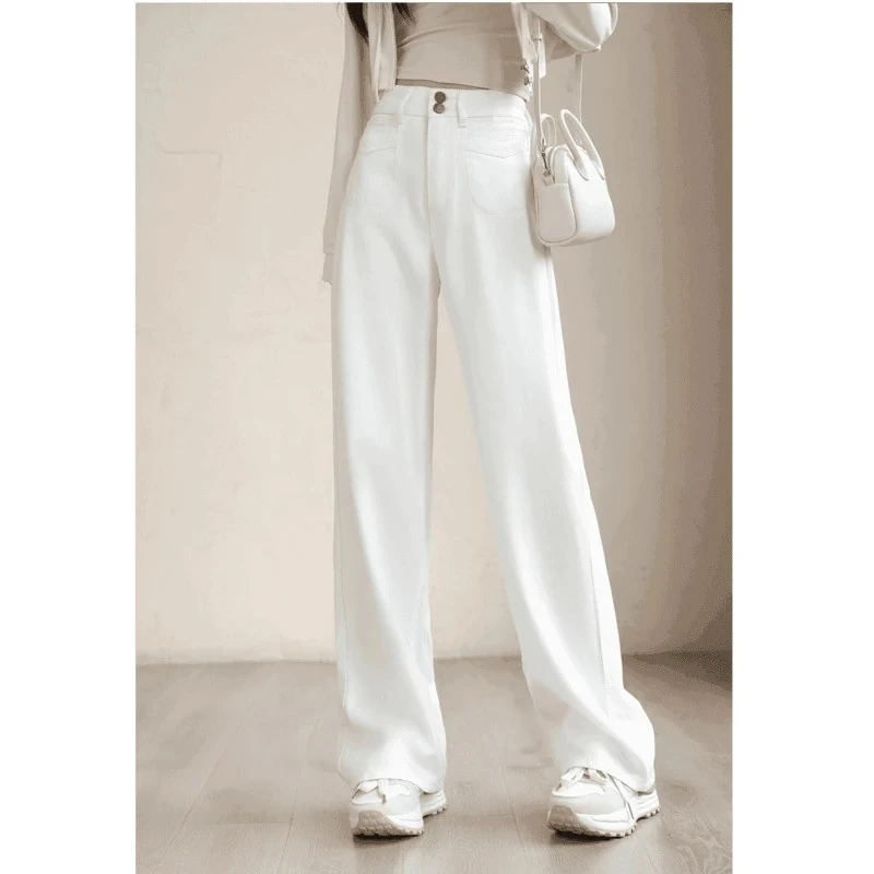 2025新春夏爆款高腰宽松显瘦百搭时尚韩版白色牛仔单裤垂顺感