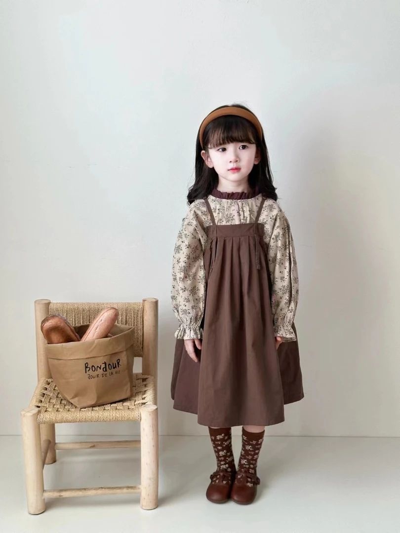 2025春季新款春秋女童碎花时尚洋气儿童宝宝两件套复古背带裙套装