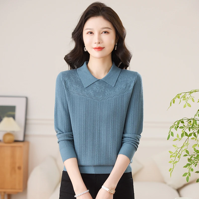 MUYANG/沐羊新品春秋气质上衣娃娃领长袖针织衫女宽松套头洋气