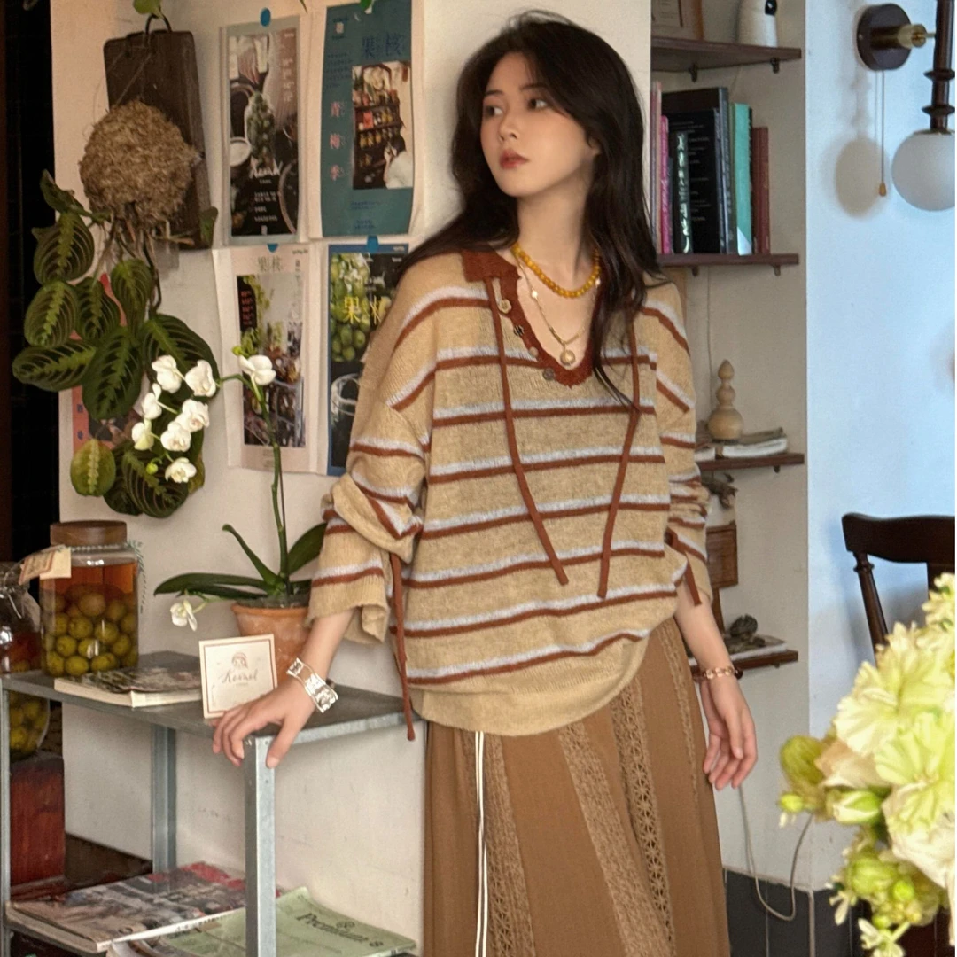 韩系慵懒风撞色条纹针织衫女早秋季宽松系带长袖百搭显瘦减龄上衣